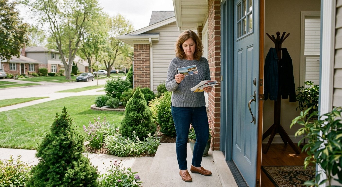 Woman standing at her open front door, looking at a postcard pulled from a small stack of mail, suburban street behind her