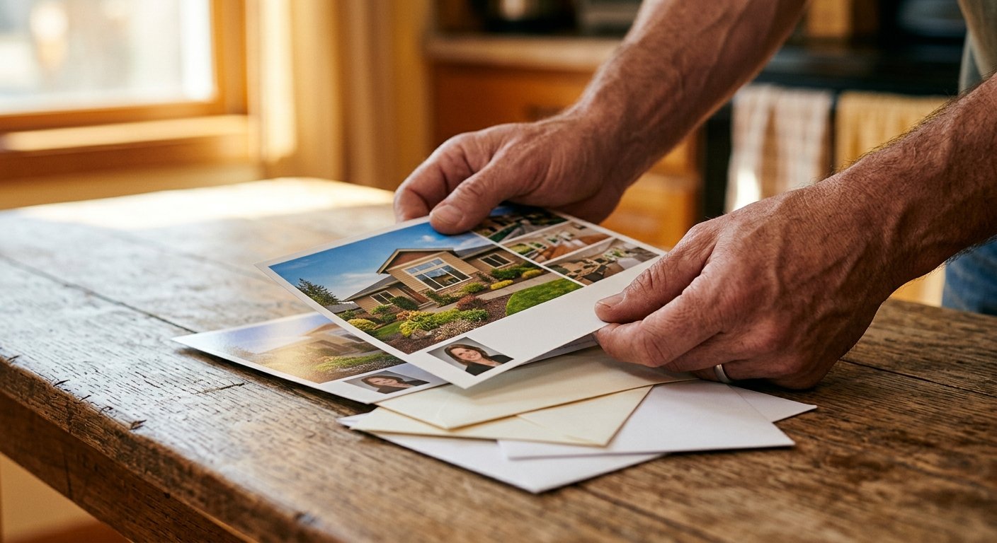 Close-up of hands holding a glossy real estate postcard on a wooden table with other mail fanned beneath it