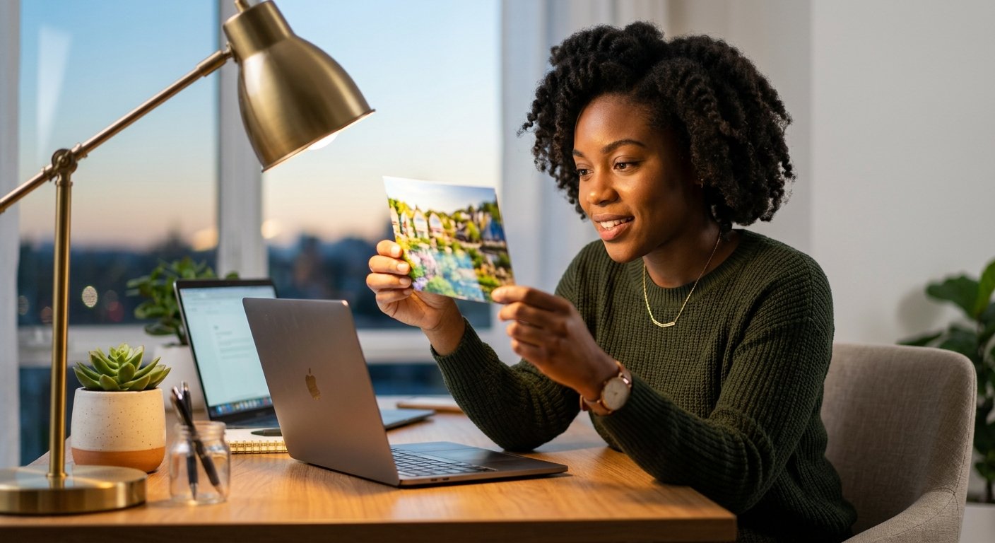 Young woman at a home office desk holds a glossy postcard toward a lamp, examining it closely in warm evening light.