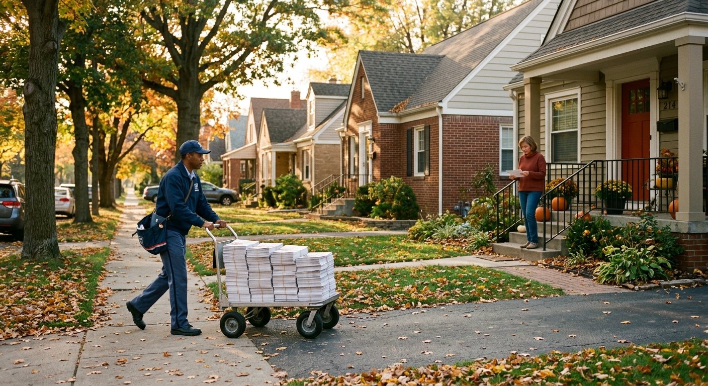 Mail carrier pushing a cart of flyers along a residential sidewalk as a homeowner looks at mail on a porch in late afternoon 