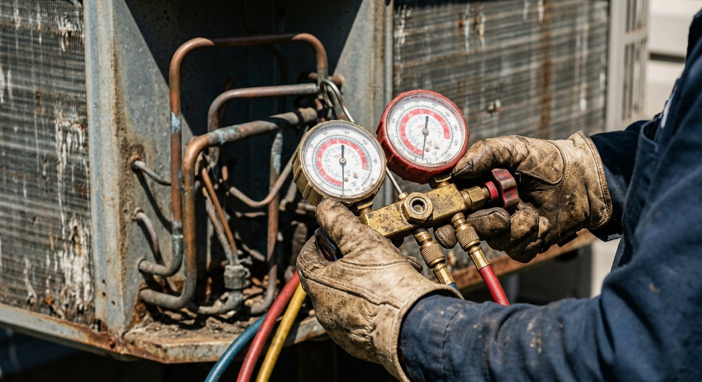 Gloved hands holding refrigerant gauges against an old residential AC unit, copper tubing and corroded fins blurred in backgr