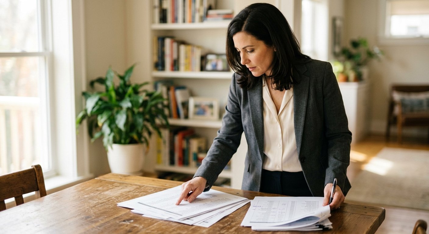 Real estate agent sorting through printed mailing address lists at a sunlit kitchen table, finger tracing a row of names