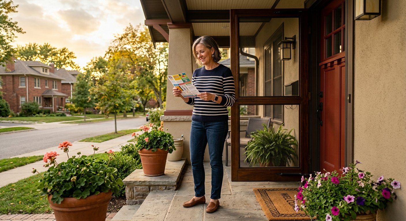 Woman standing at her front door in afternoon light, reading a flyer she pulled from her screen door, suburban porch behind h