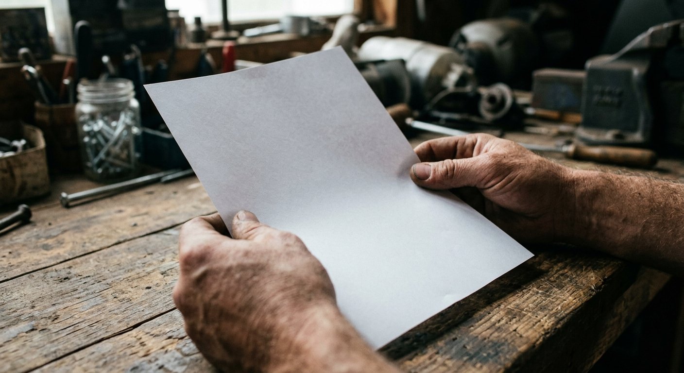 Close-up of calloused hands holding an unfolded flyer flat on a worn wooden workbench in a dim garage, lit by side window lig