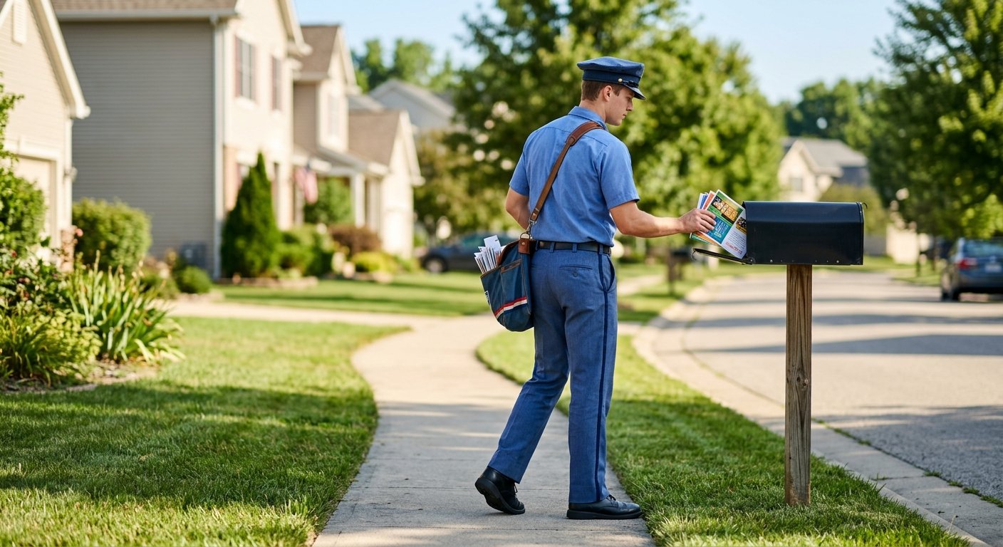 USPS mail carrier in uniform inserting a stack of postcards into a residential mailbox on a sunny suburban street