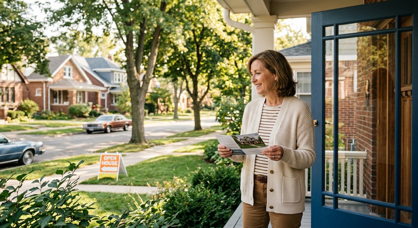 Woman at her front door reading a real estate postcard, with a house and open house sign visible down the street