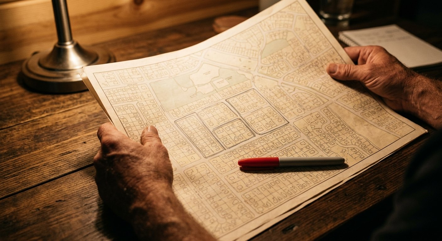 Close-up of hands holding a neighborhood map on a wooden desk with pencil markings and a red marker, lit by warm lamplight