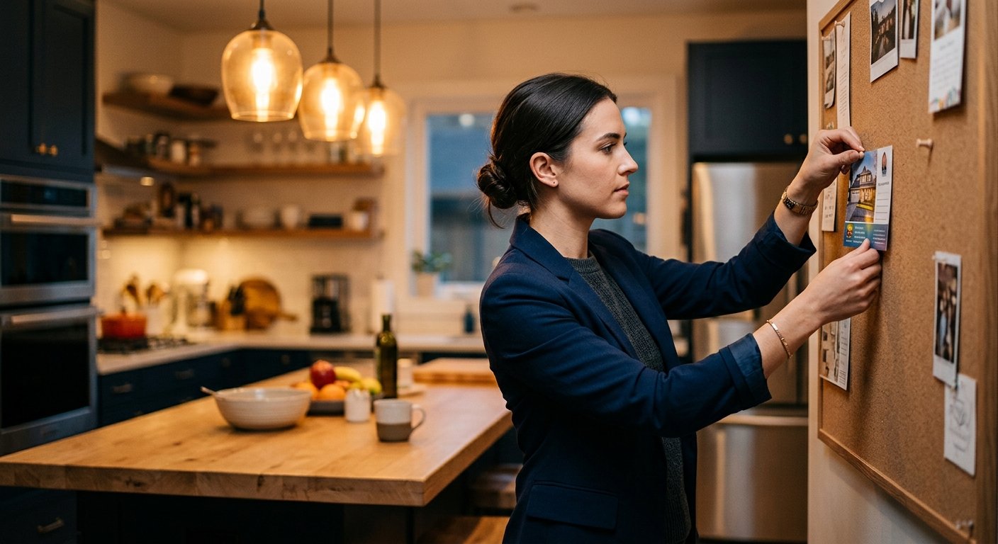 Woman in blazer pinning a real estate postcard to a cork board in a warmly lit modern kitchen, photographed from behind at th