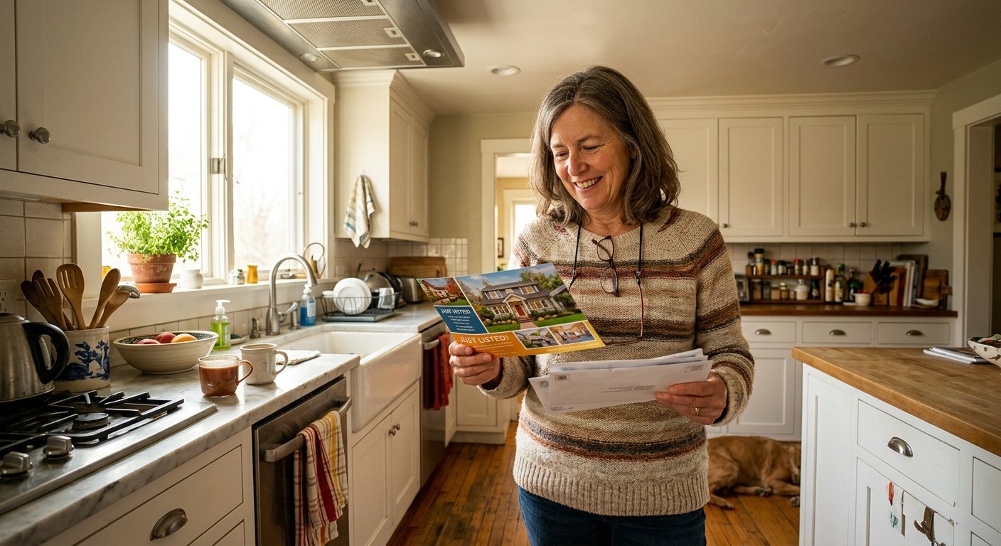 Woman in a sunlit kitchen pausing to read a postcard from a stack of mail, ceiling vent visible above her