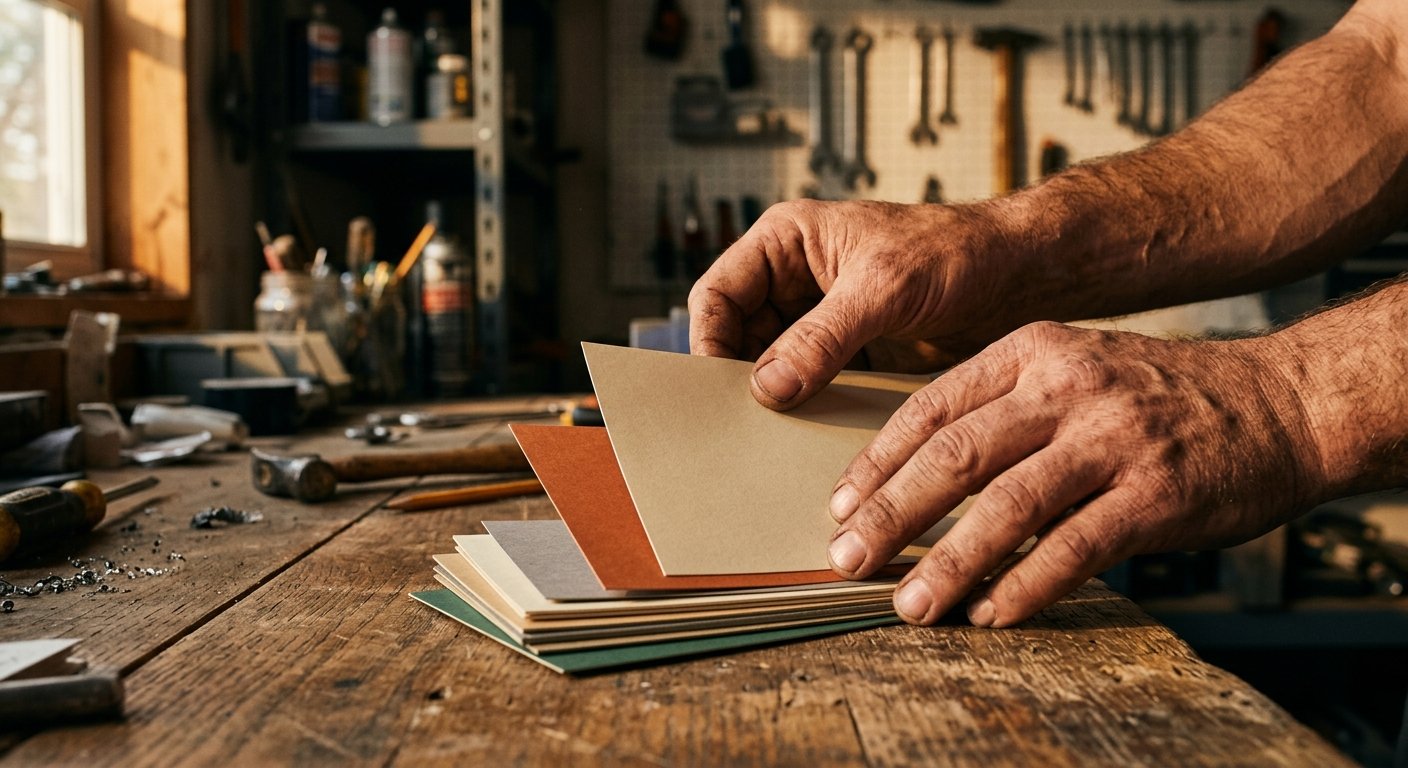 Weathered hands sorting oversized mail postcards on a wooden workbench in a garage, warm side-lighting, blurred tool shelving