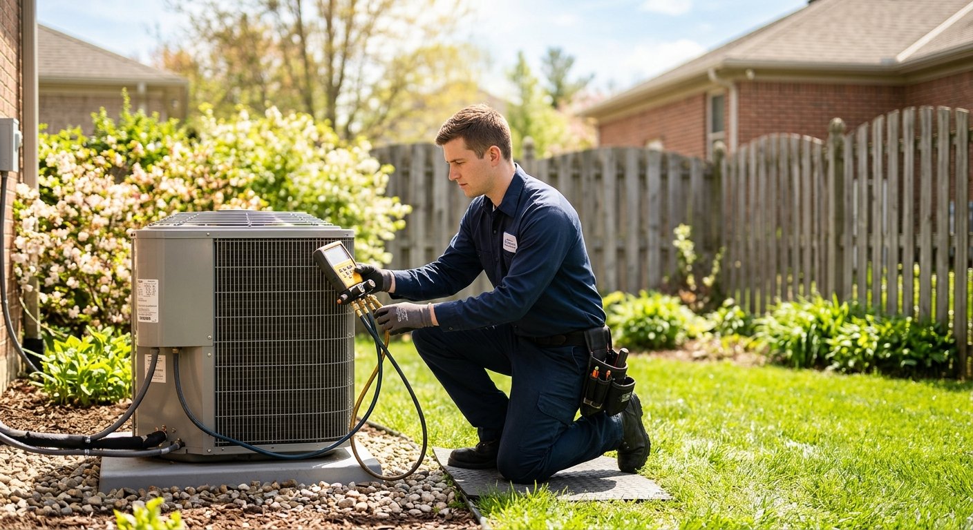 HVAC technician kneeling beside an outdoor AC condenser unit in a suburban backyard on a sunny spring morning