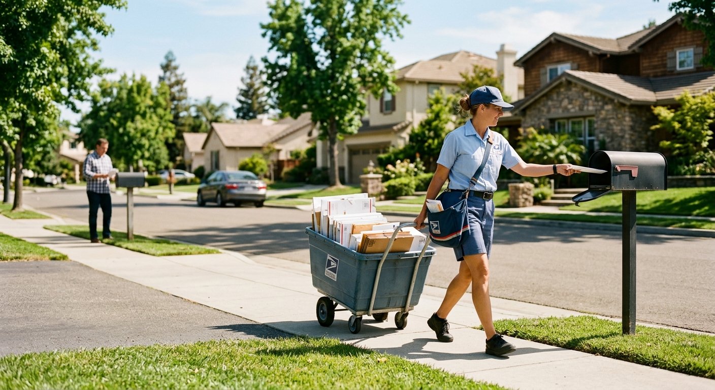 USPS mail carrier delivering oversized flat mailers to curbside mailboxes on a sunny suburban street while a homeowner collec