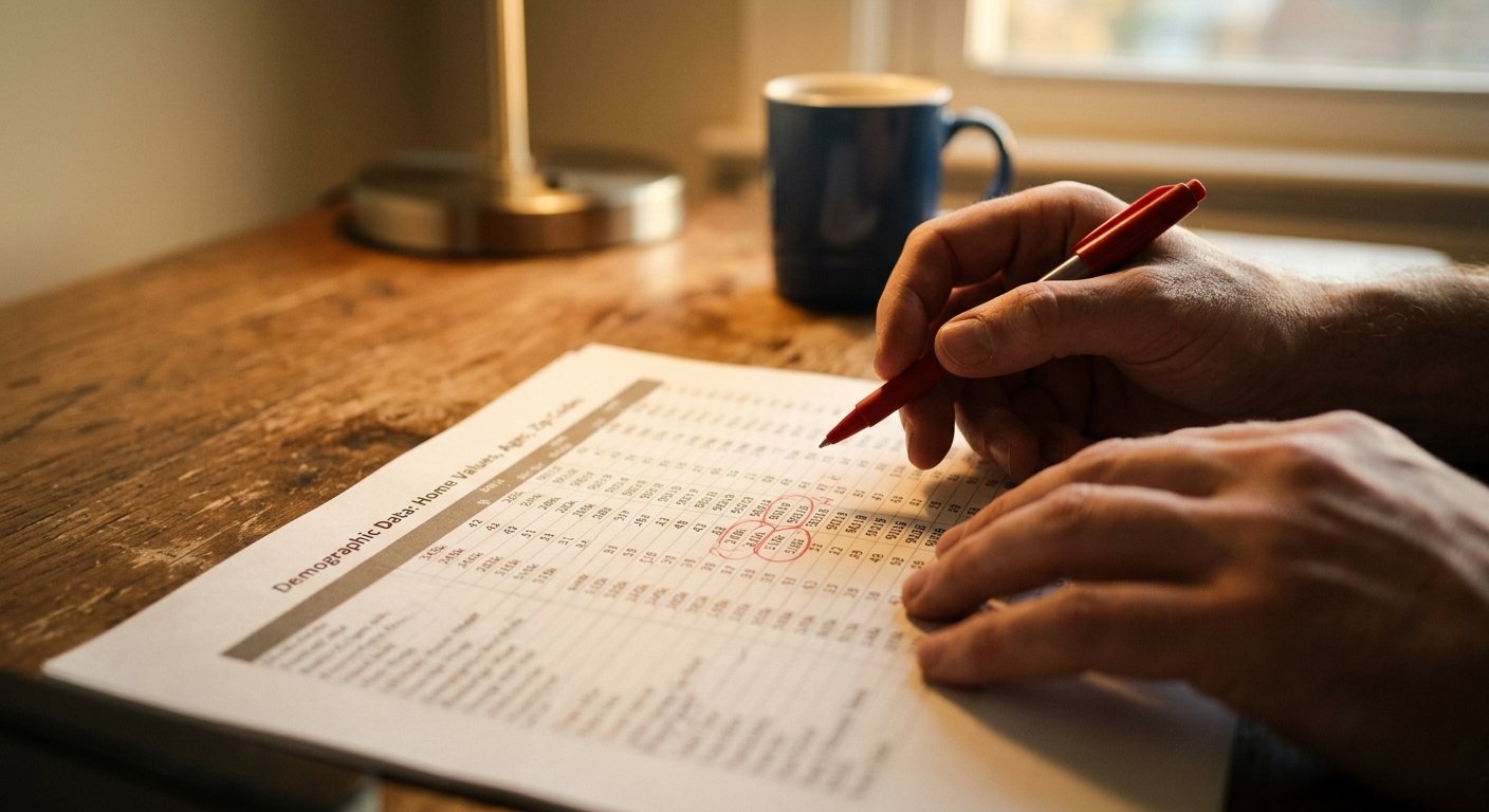 Hands holding a red pen over a printed demographic spreadsheet with rows of household data circled in red ink