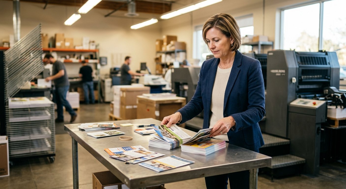 Woman in blazer comparing two stacks of direct mail pieces on a sorting table inside a print shop