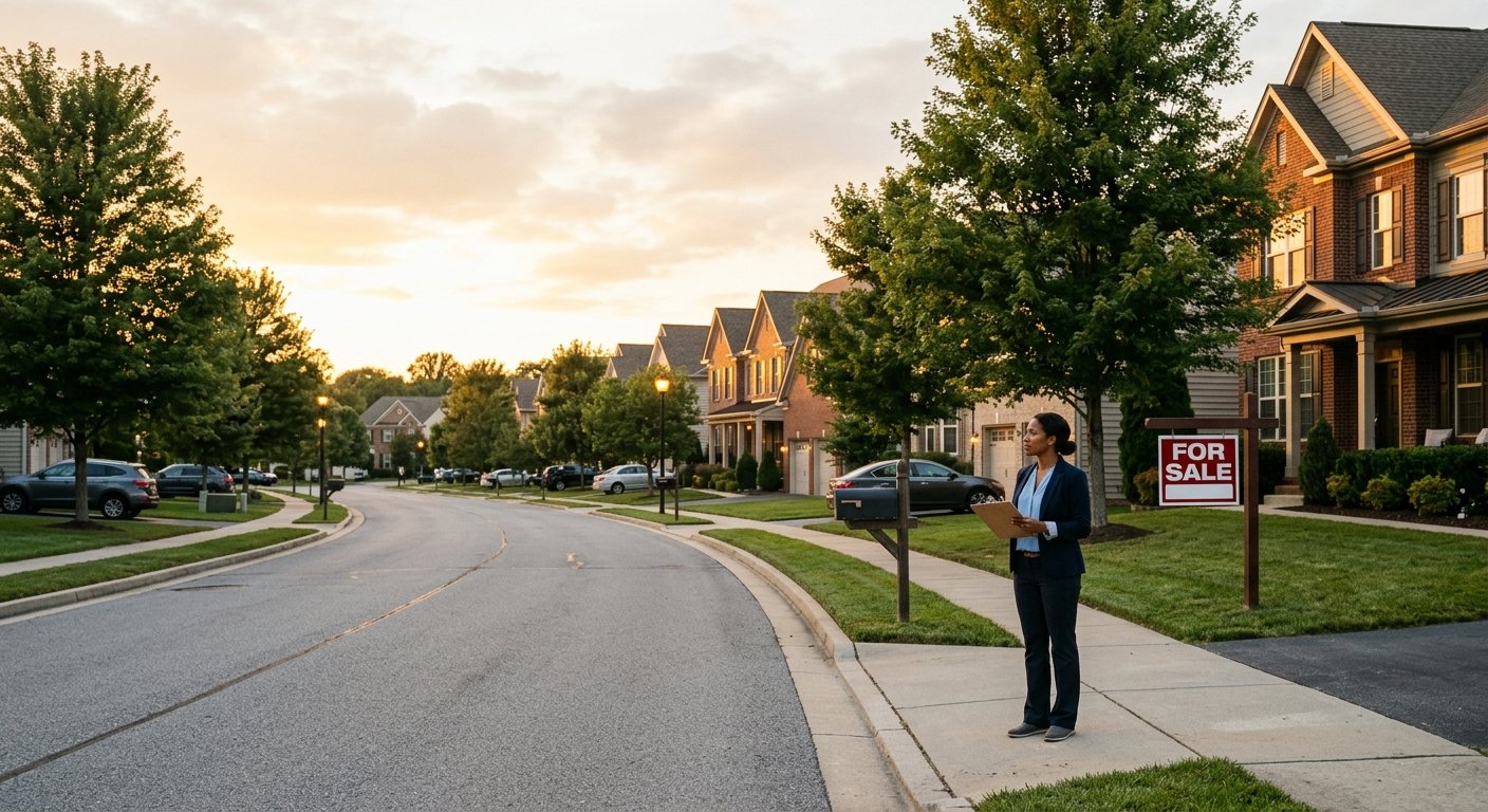 Real estate agent standing on a residential street at dusk, surveying a row of suburban homes with a for-sale sign visible ne