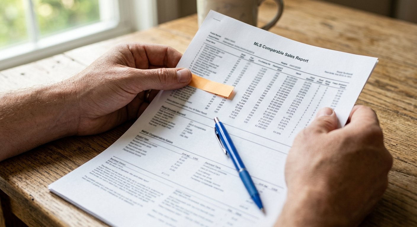Hands holding a printed MLS sales report on a wooden table with a pen resting across the page in natural daylight