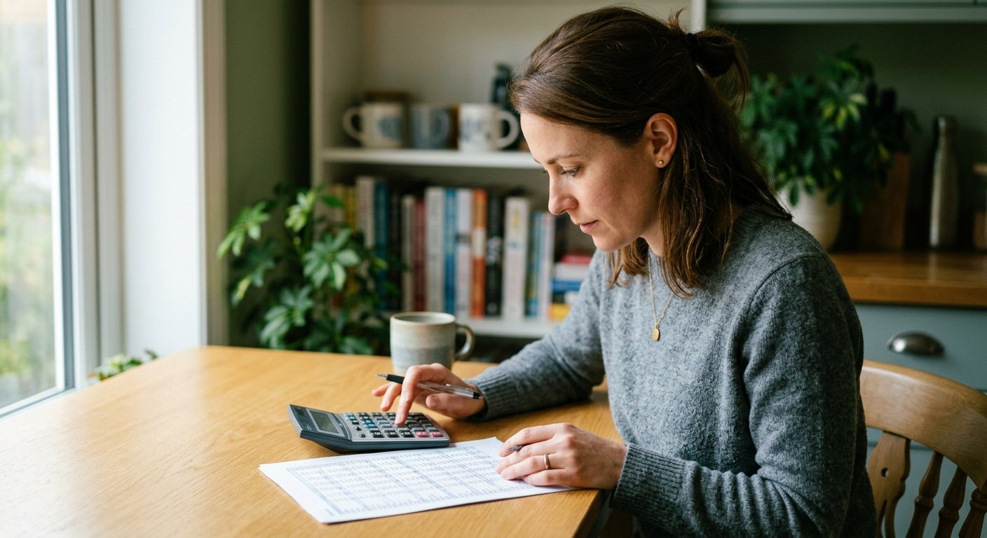 Woman at kitchen table reviewing a printed spreadsheet and using a calculator in soft morning light