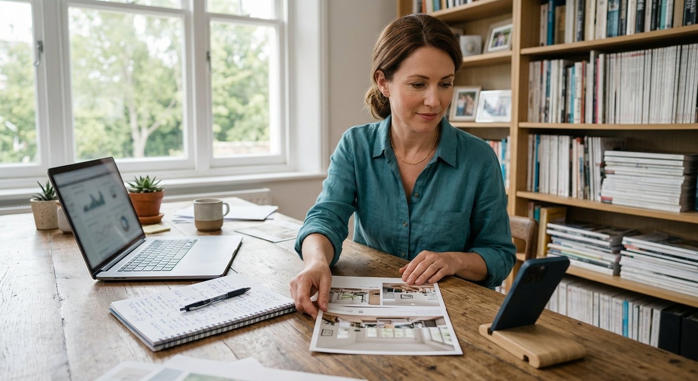 Woman at a sunlit home office desk reviewing a postcard mockup next to a laptop, notepad, and a separate tracking phone