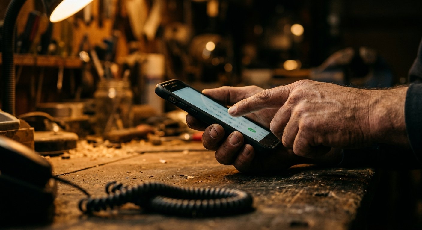 Close-up of hands holding a smartphone with a dialed number visible, coiled phone cord blurred in foreground on a wooden work