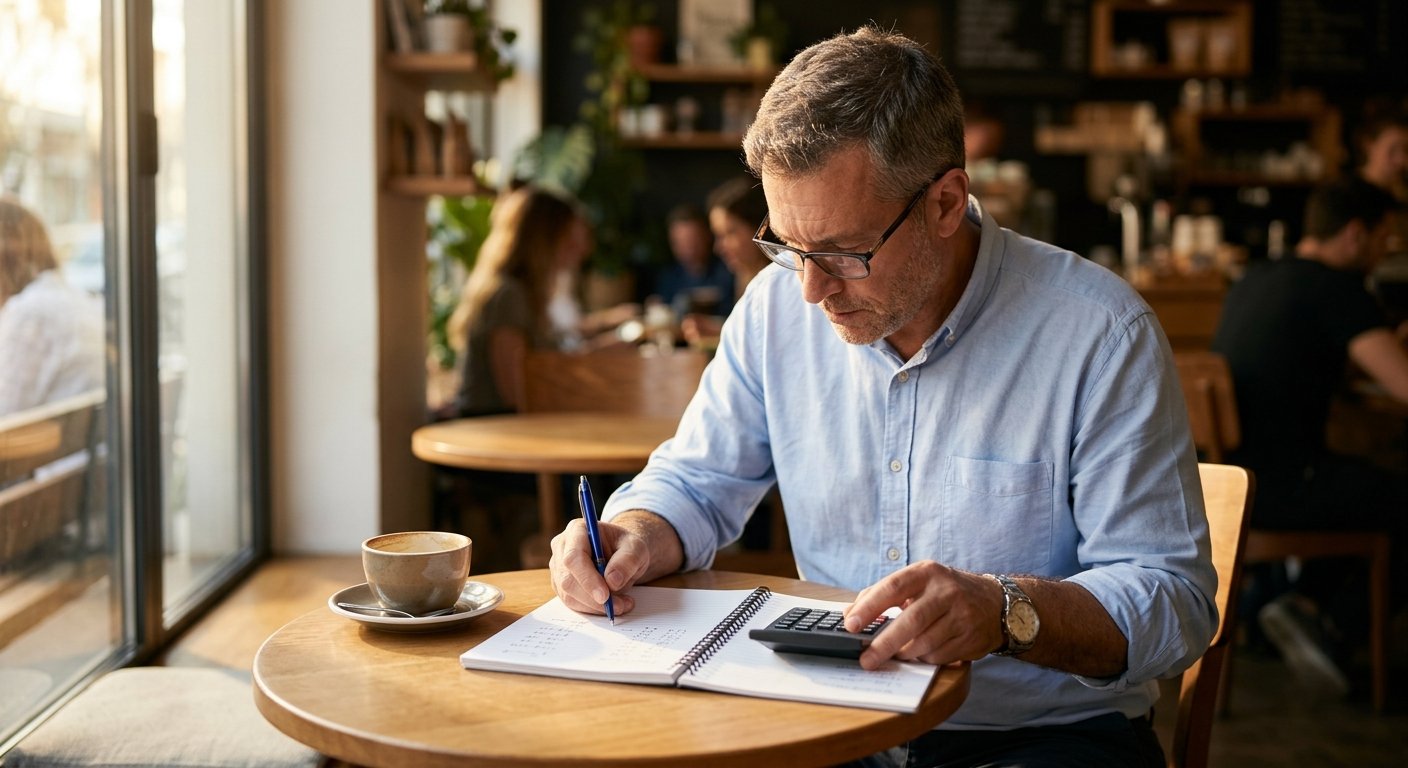 Man in his 50s calculating figures on a notepad and handheld calculator at a sunlit café table