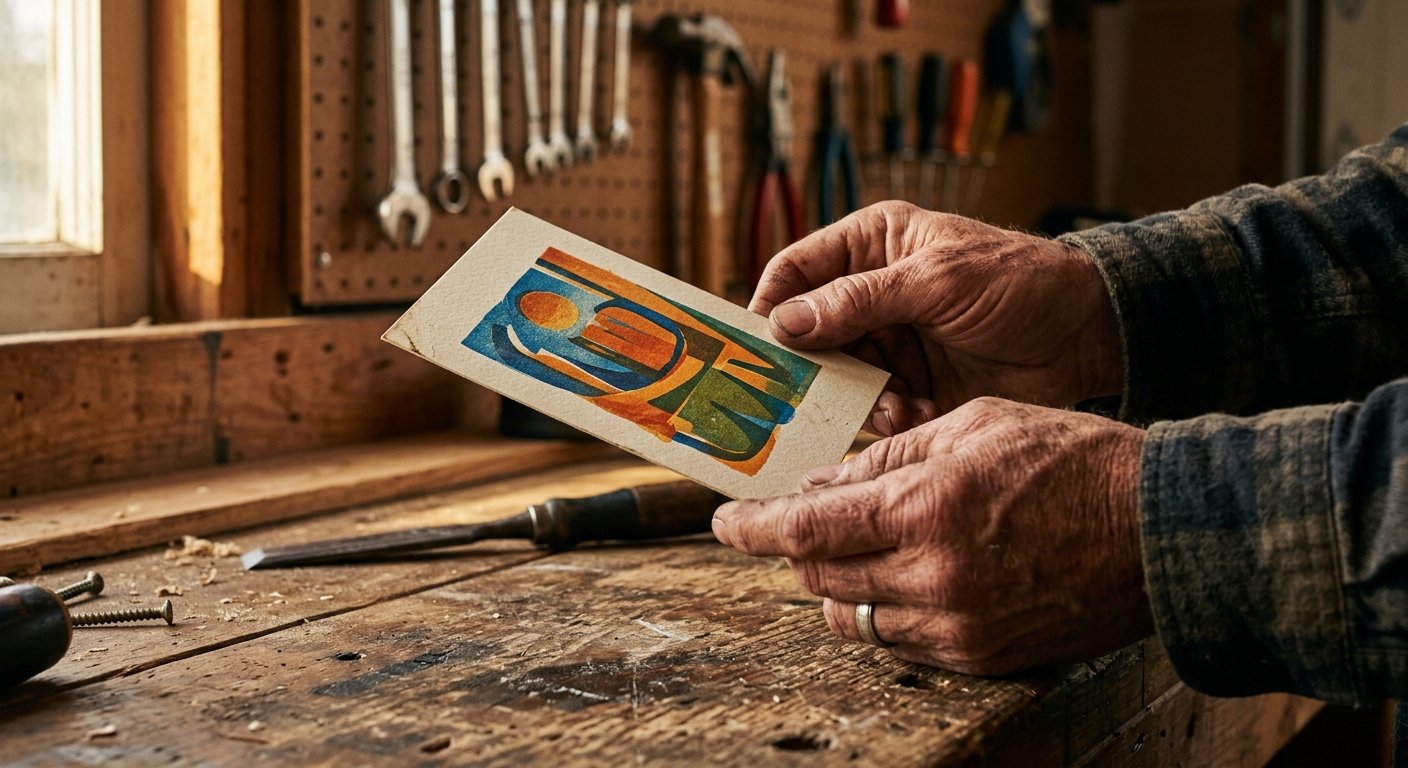 Weathered hands holding a postcard close-up over a wooden workbench, blurred tools visible in background.