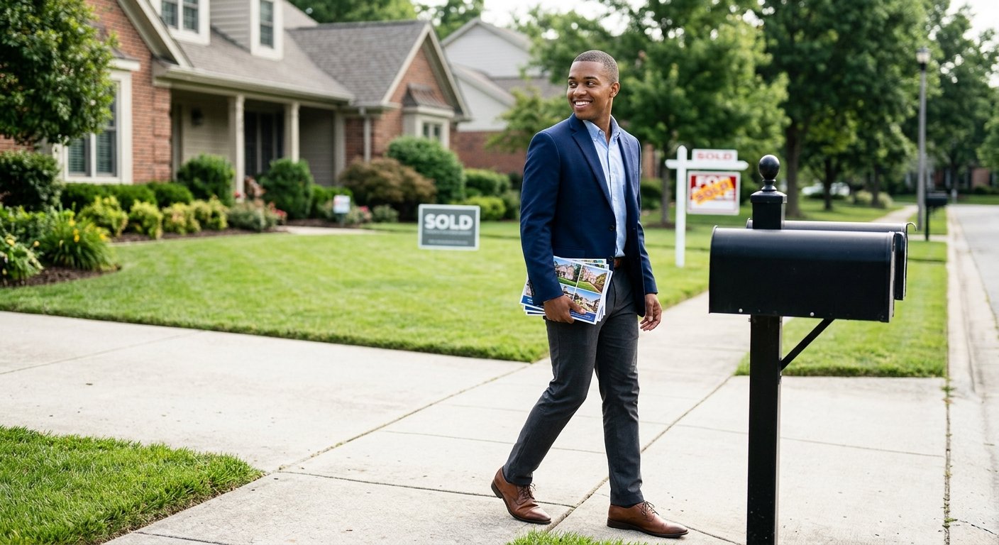Young male real estate agent in navy blazer walking toward a mailbox with postcards, sold sign softly blurred behind him