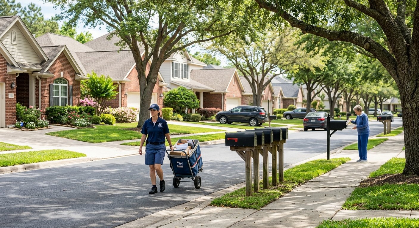 Mail carrier walking a residential street with a mail cart past a row of mailboxes, neighbor retrieving mail in background