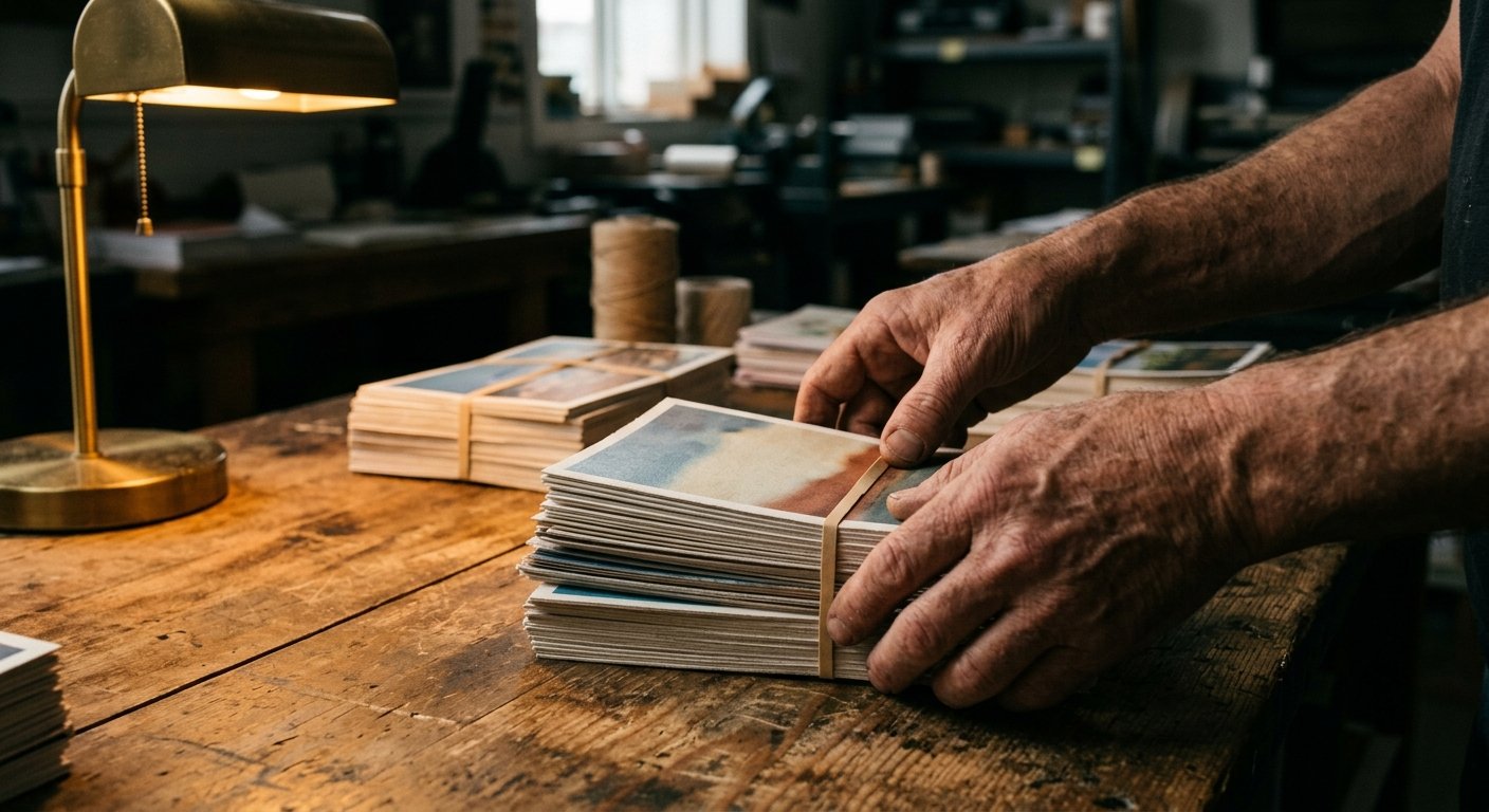 Hands bundling a thick stack of large-format postcards on a wooden workbench under warm side lighting