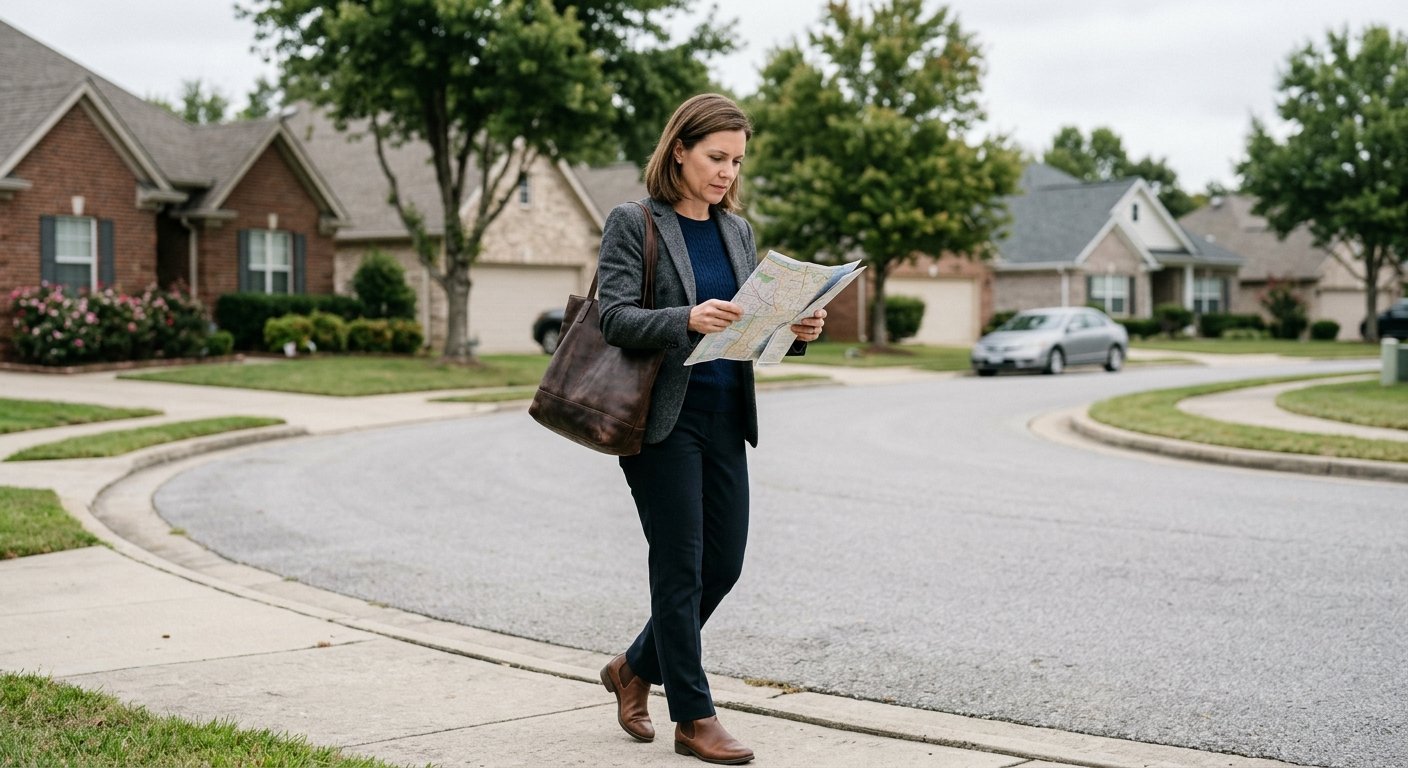 Woman in blazer walking a residential cul-de-sac, reviewing a folded neighborhood map mid-stride, homes blurred behind her.