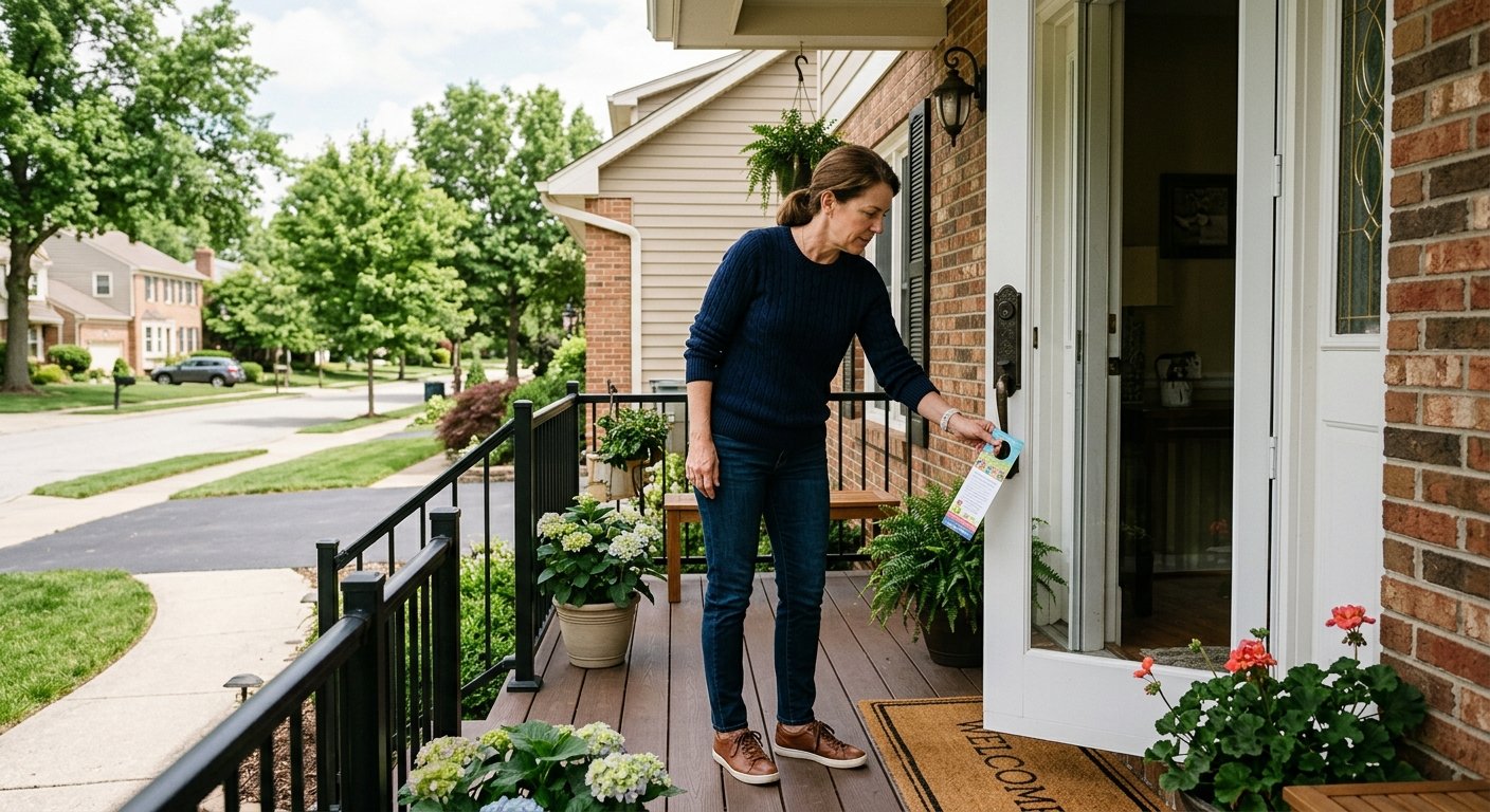 Woman in casual clothes picking a door hanger off her front door handle on a quiet suburban street in morning light.