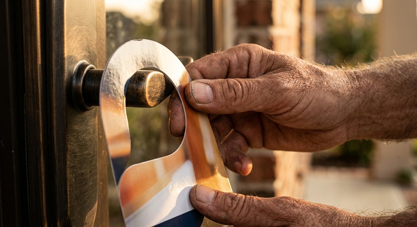 Close-up of weathered hands hanging a glossy flyer over a bronze door handle in warm late-afternoon light, shallow depth of f