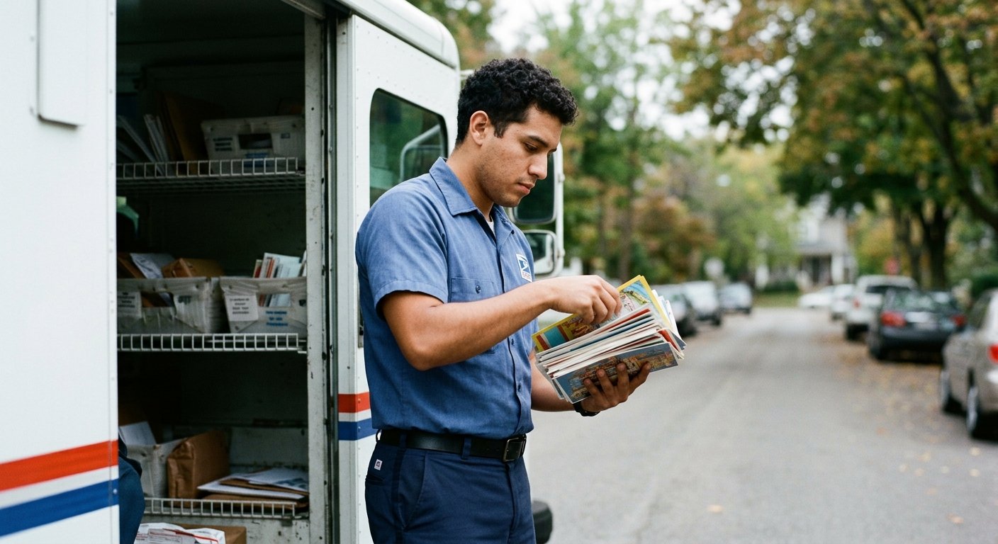 A mail carrier sorting a bundle of EDDM postcards at the back of a postal truck on a residential street in early morning ligh